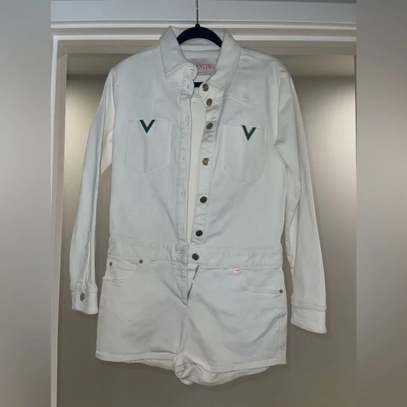 Valentino Garavani Embellished Denim Playsuit